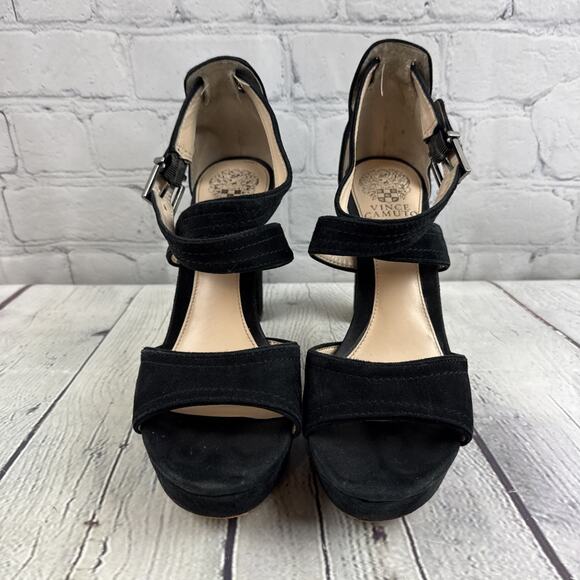 Vince Camuto‎ Sandals Womens 7.5 Black Suede Heeled Cross Strap Open Toe Shayla - Picture 2 of 9